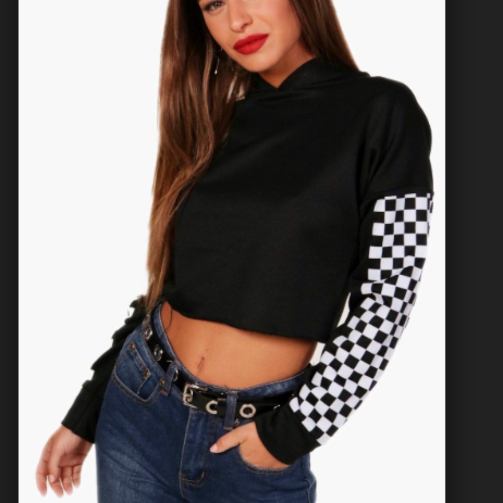 Checkered Racer Print Crop Hoodie